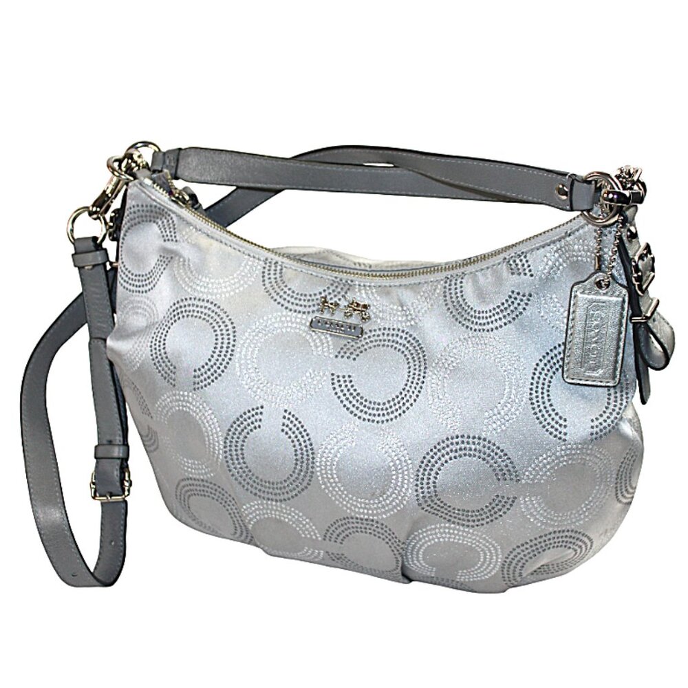 Coach Madison Two Tone Silver Sateen Dotted Opti-Art Hobo Convertible Shoulder - Picture 4 of 12